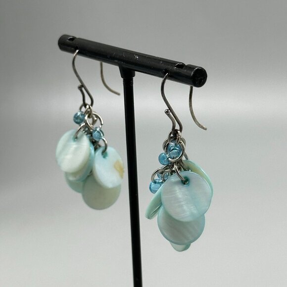 3/$30 Blue Shell Drop Earrings Silver Tone Boho Dangle Pierced Round 1.5" - Picture 2 of 7